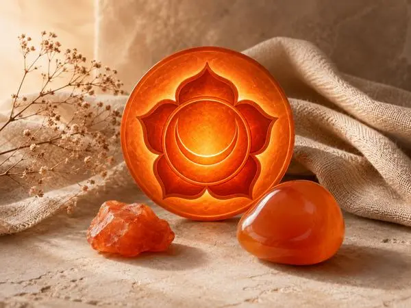 representation du chakra sacre et cornaline brute