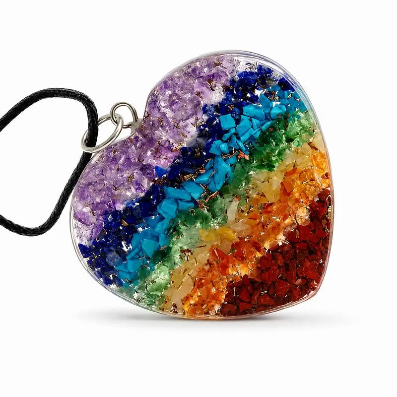 pendentif orgonite 7 chakras en forme de coeur