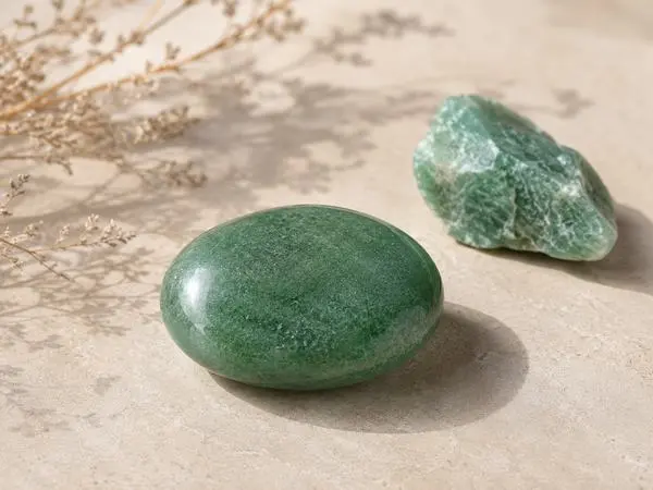 pierre d'aventurine verte naturelle sur fond beige