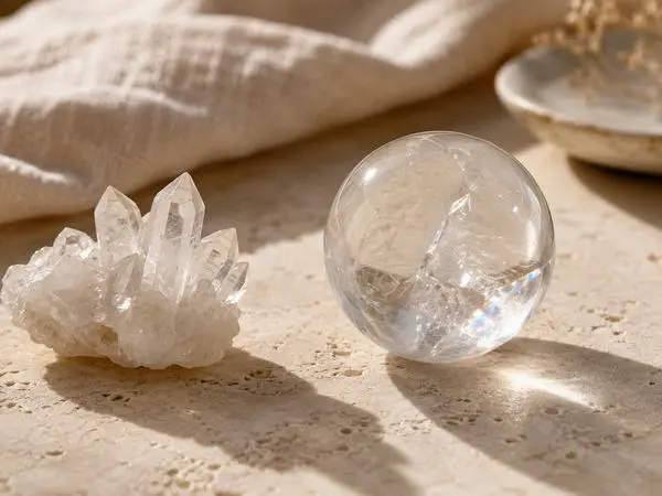 cristal de roche naturel sur fond pierre beige
