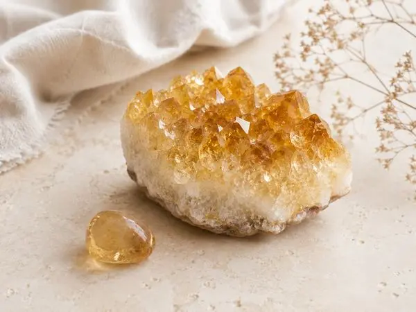 pierre de citrine brute naturelle sur fond beige