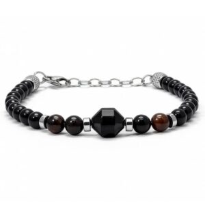 bracelet acier agate noire et oeil de boeuf