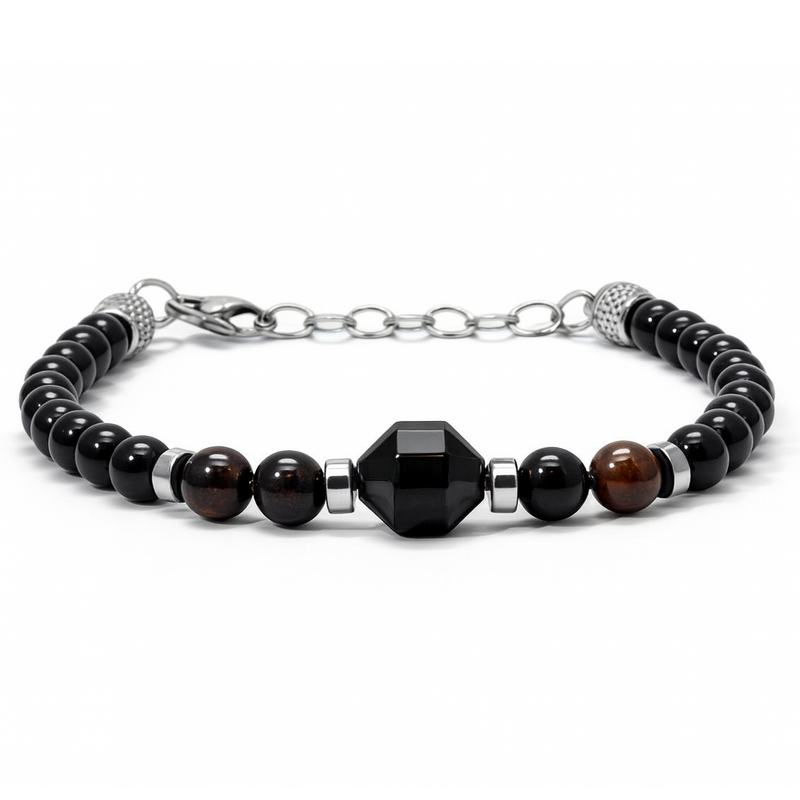 bracelet acier agate noire et oeil de boeuf