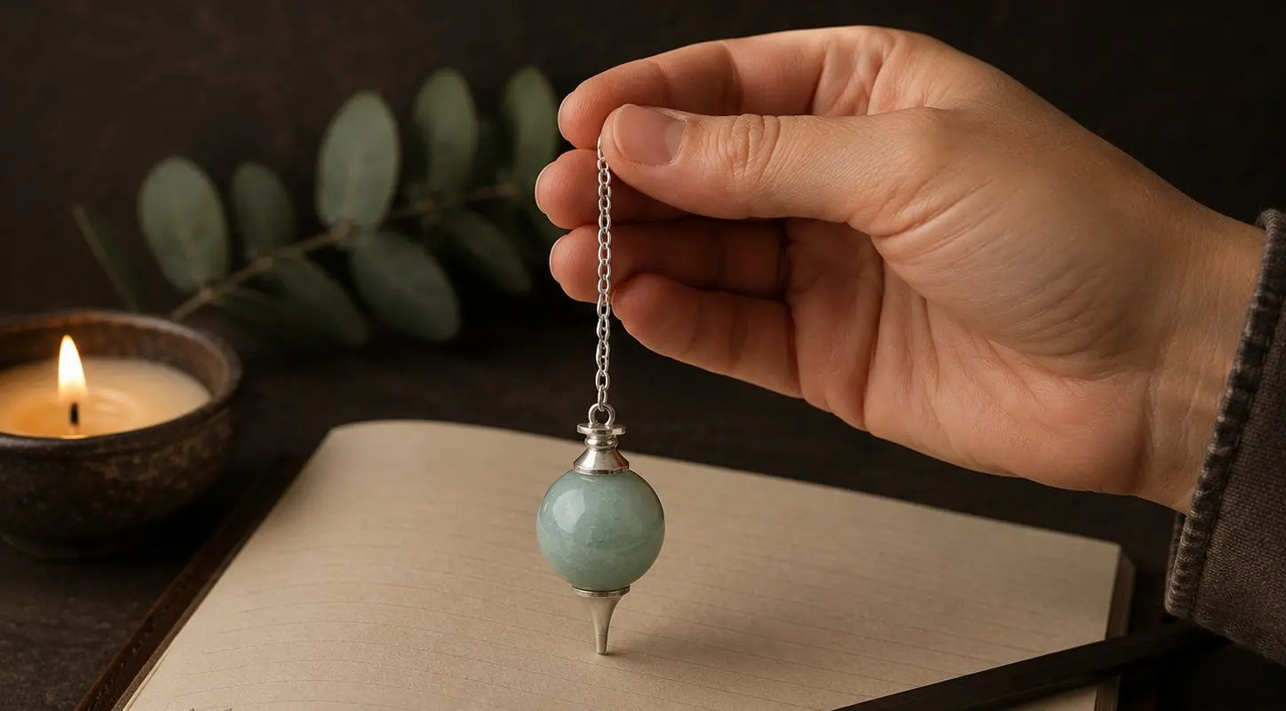 pendule en aventurine verte naturelle maintenu par une main