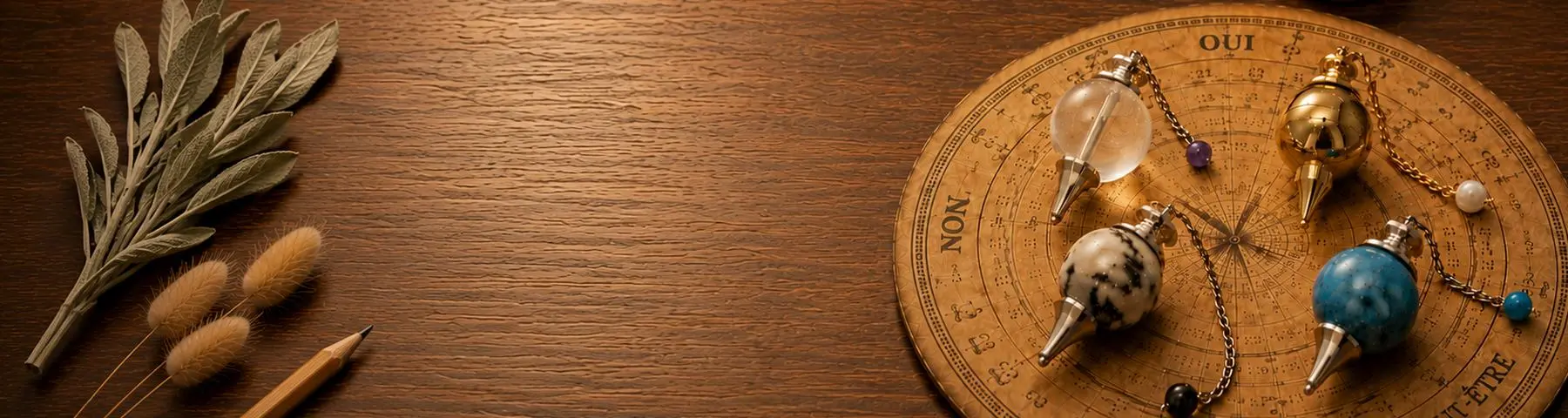 collection de pendules sephoroton en pierre naturelle posés sur une planche de radiesthésie