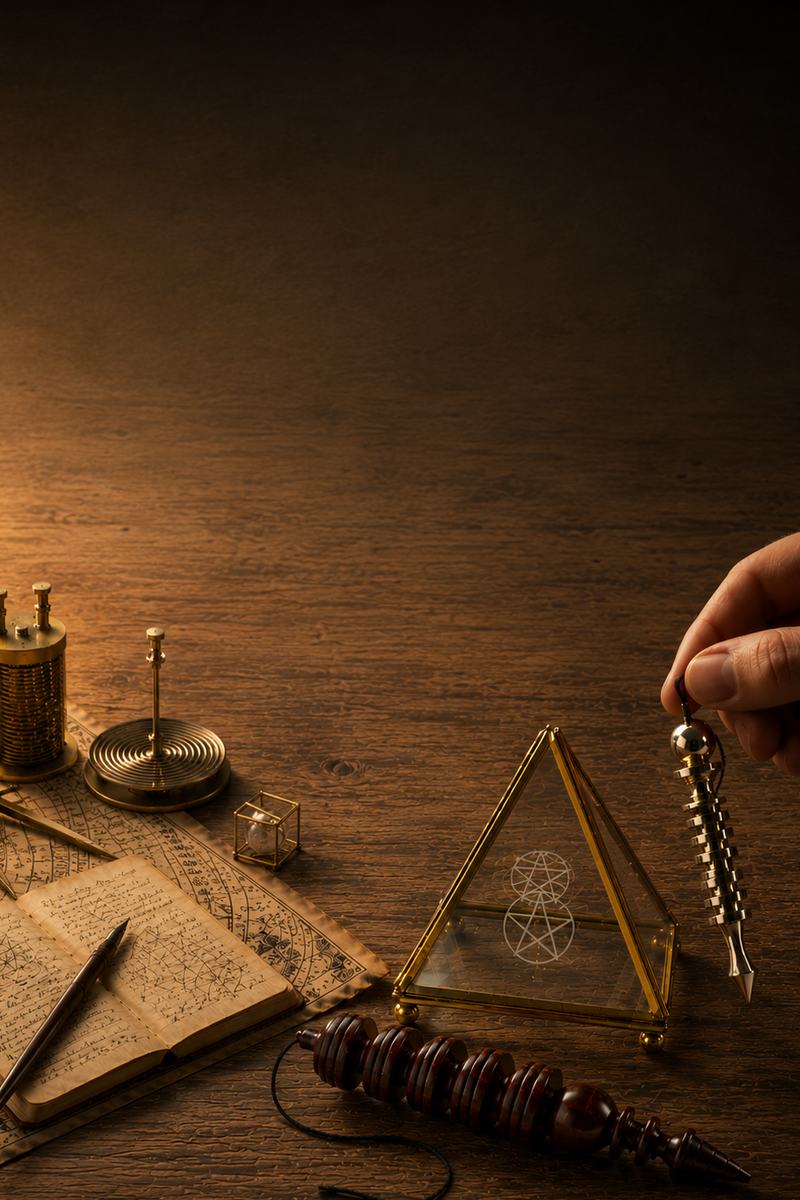 pendule émetteurs et pyramide à souhait sur fond bois foncé