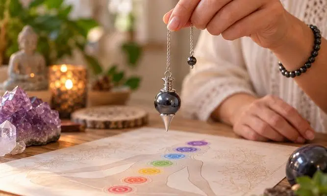 pendule de radisthesie en hematite sur planche chakras