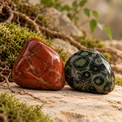 jaspe rouge et jaspe kambaba en pierre ancrage sur fond mineral